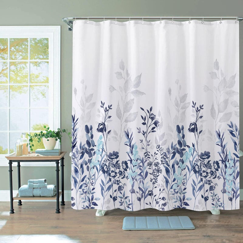 Neasow Blue and Grey Shower Curtain, Watercolor Floral Bathroom Curtain Teal and White 72Ã—72 inches - Image 2